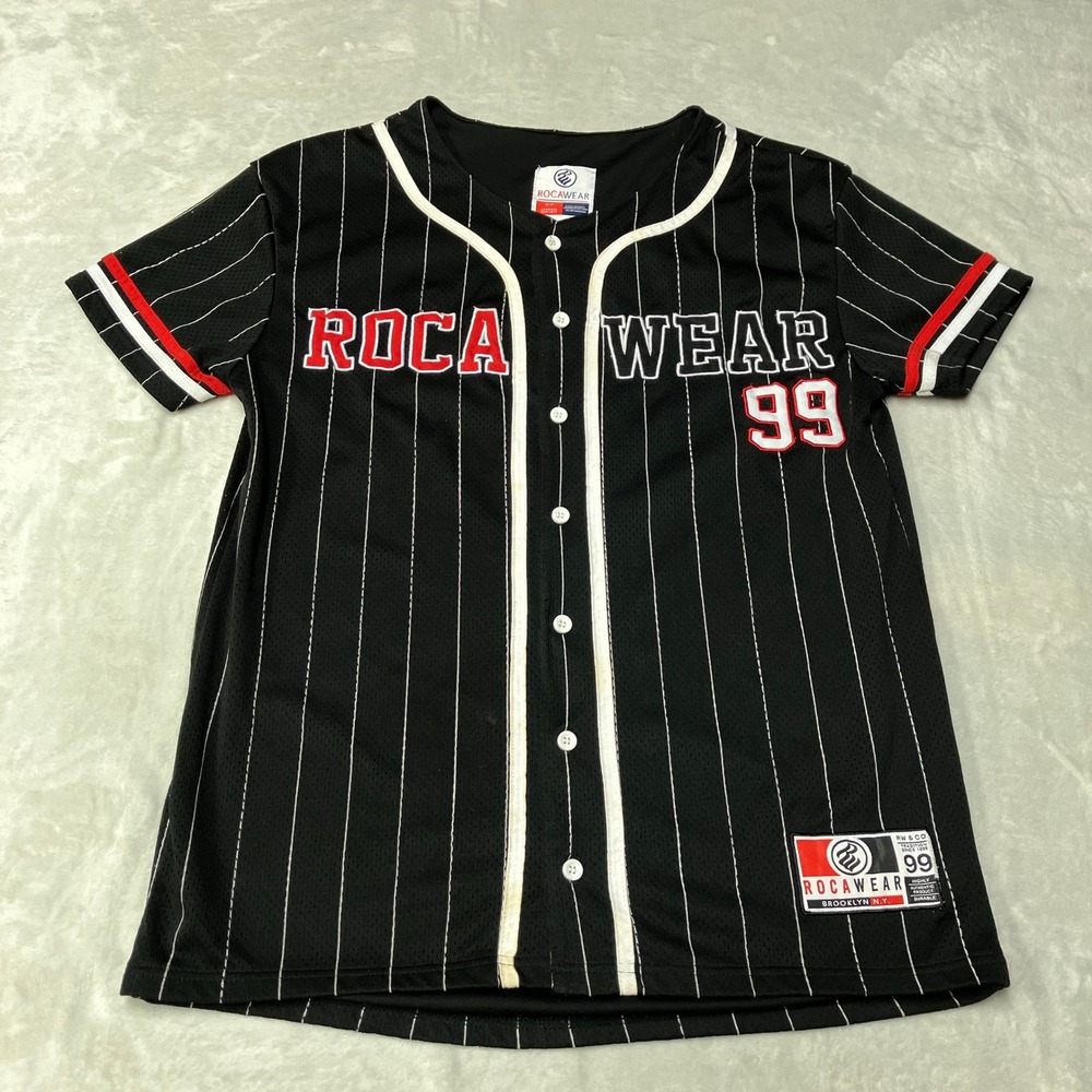 Vintage‎ Rocawear 99 Baseball Jersey Pinstripe Black White Y2K Hiphop Mens Small